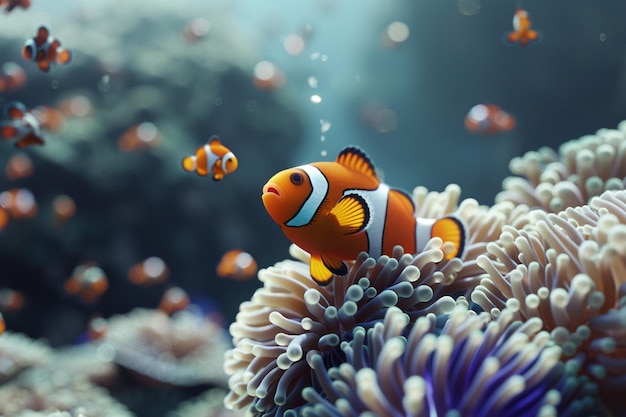 Pesce clown che nuota tra le anemone