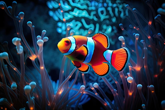 pesce clown sotto l'acqua la tranquilla luce blu al neon accentuando colori e bolle uniche