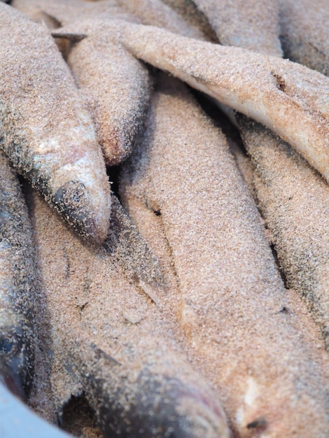 Pesce congelato in un mucchio, la parola pesce è in basso a destra