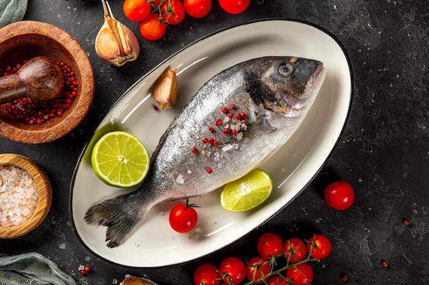 Pesce crudo di dorado con lime e spezie per cucinare sullo sfondo grigio scuro vista dall'alto