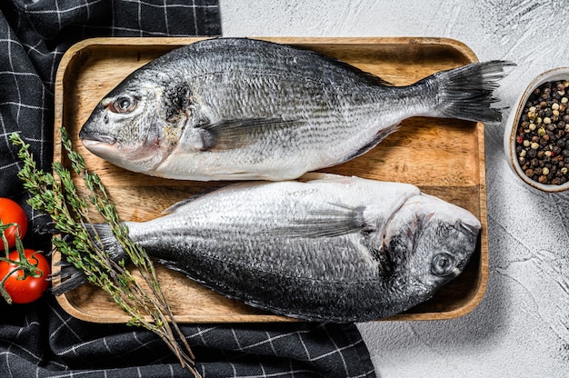 Pesce crudo Dorado con ingredienti da cucina, pomodorini, timo, pepe. vista dall'alto