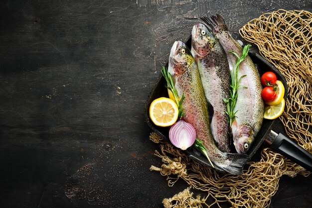 Pesce crudo in padella Pesce trota Vista dall'alto Spazio libero per il testo