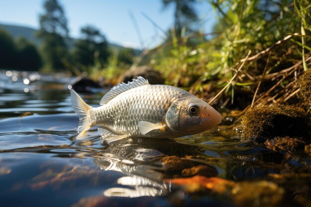 Pesce d'argento nulla tra le piante acquatiche in un lago sereno generativo IA