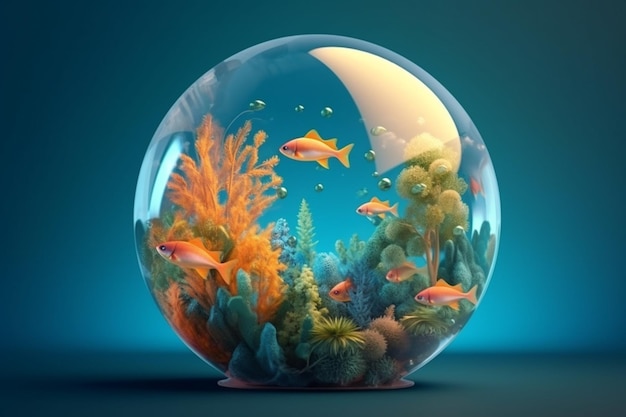 Pesce d'oro che galleggia in un'illustrazione 3d della bolla di sapone