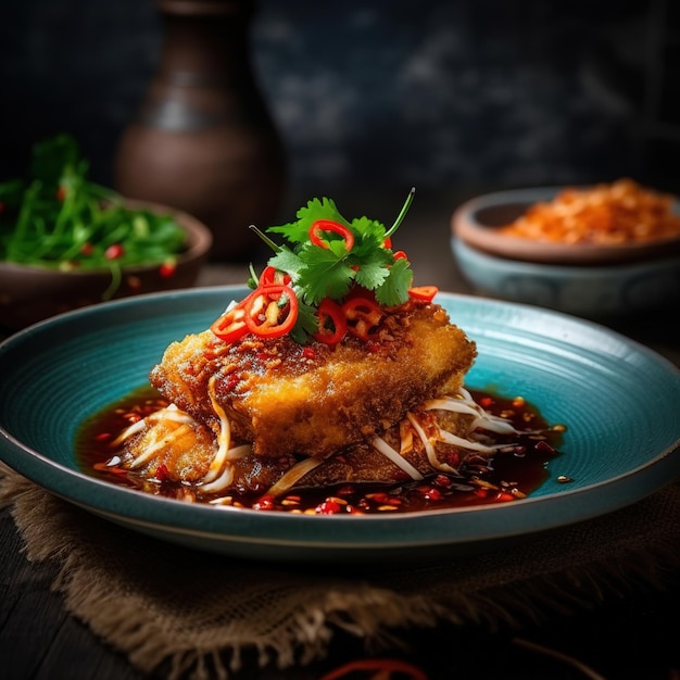 Pesce d'ottone fritto con aglio e salsa di peperoncino rosso