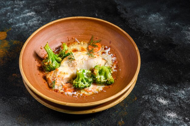 Pesce di mare al forno fresco con i broccoli