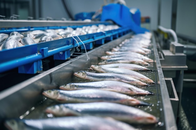 Pesce di mare crudo su un trasportatore di fabbrica Produzione di pesce in scatola