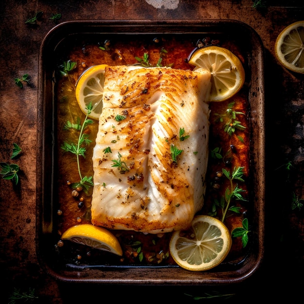 Pesce di merluzzo appena cotto con fette di limone su un tavolo buio