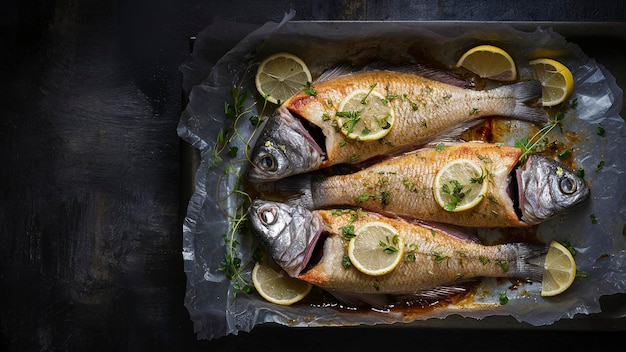 Pesce dorado al forno con limone ed erbe nella padella su uno sfondo rustico scuro