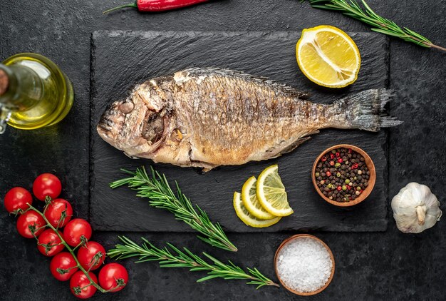 pesce dorado al forno sul tavolo di pietra