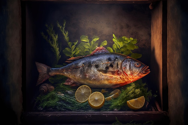 Pesce Dorado cotto al forno con limone e lattuga fresca su uno sfondo rustico scuro cercando un'idea di pasto a base di pesce che sia salutare Mangiare pulito e dieta