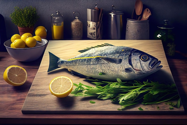 Pesce dorado crudo su una tavola da cucina con limone e rosmarino su un tavolo in cucina IA generativa