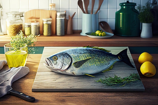 Pesce dorado crudo su una tavola da cucina con limone e rosmarino su un tavolo in cucina IA generativa