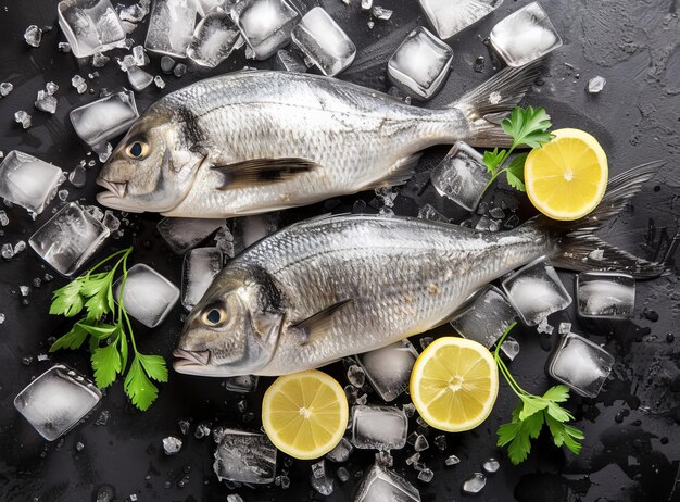 Pesce dorado fresco su ghiaccio con fette di limone vista dall'alto Ideale per il tema del cibo e della cucina