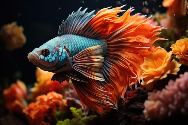 Pesce drago circondato da cardumi e coralli colorati in un ambiente acquatico sereno e generativo IA