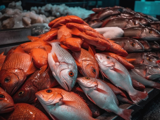 Pesce fresco dell'oceano e frutti di mare al mercato del pesce Primo piano Vista dall'alto creata con la tecnologia di intelligenza artificiale generativa
