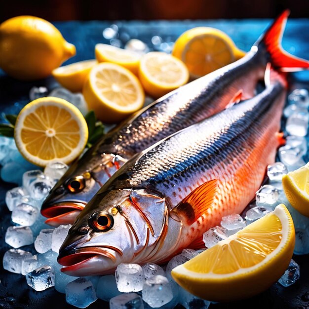 Pesce fresco su ghiaccio con cuneo di limone frutti di mare in vendita freddi per la freschezza