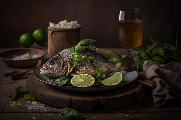 Pesce fritto alla griglia con limone su piatto illustrazione di frutti di mare a bassa luminosità IA generativa