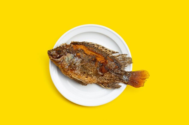Pesce fritto in piatto bianco su sfondo giallo.