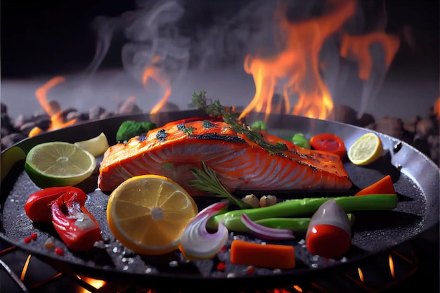 Pesce fritto o al forno con insalata Piatto di pesce asiatico Il concetto di alimentazione sana