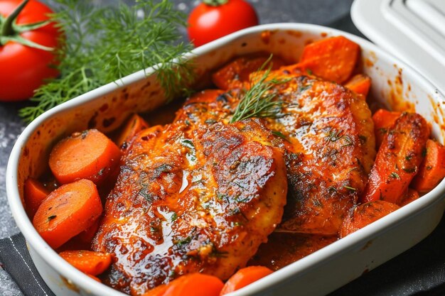 Pesce in salsa in scatola da pranzo con carote bollite