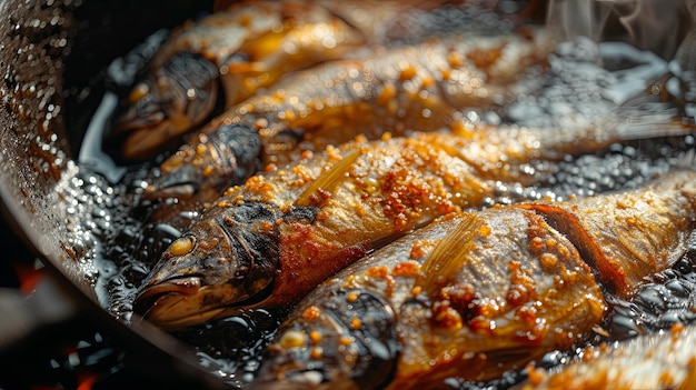 Pesce intero fritto cotto su una padella di olio alla griglia Disegno di sfondo del banner