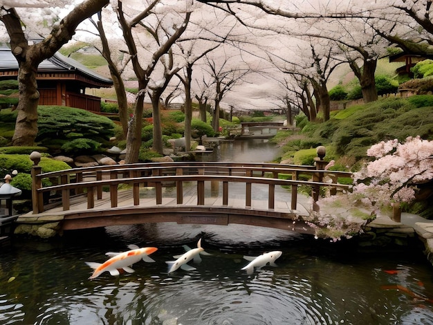 Pesce Koi del giardino zen giapponese con fiori di ciliegio e ponte di legno