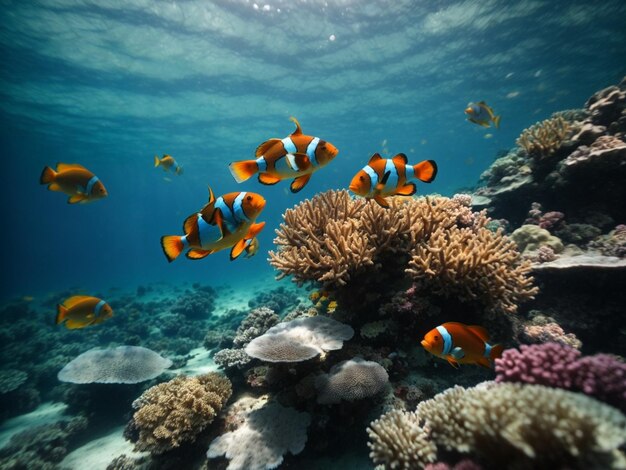 Pesce pagliaccio e barriera corallina nell'oceano profondo