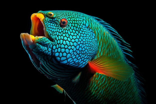 Pesce pappagallo blu o pappagallo verde a gobba in primo piano da vista laterale