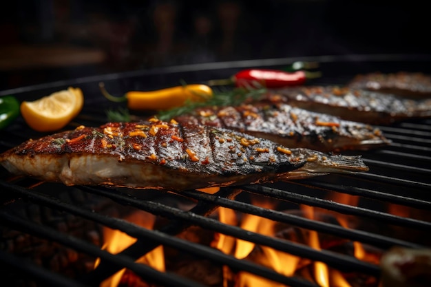 Pesce perfettamente grigliato che mostra la sua deliziosa consistenza dorata e il suo fascino appetitoso