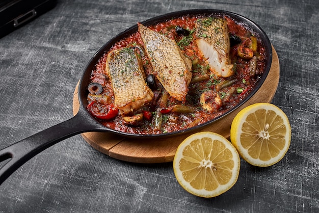 Pesce persico in umido in salsa di pomodoro, servire cibo in stile provenzale, in padella.