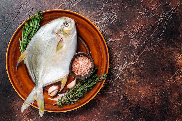 Pesce Pompano crudo fresco della Florida su un piatto rustico