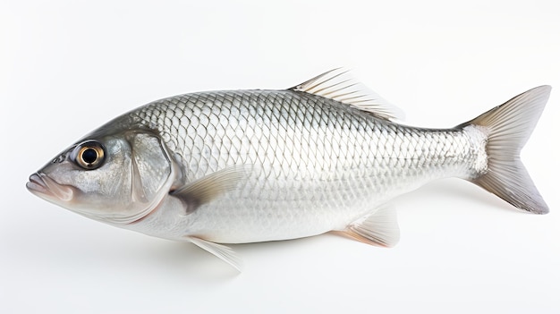Pesce Rohu con una pinna di coda rossa che nuota sullo sfondo bianco