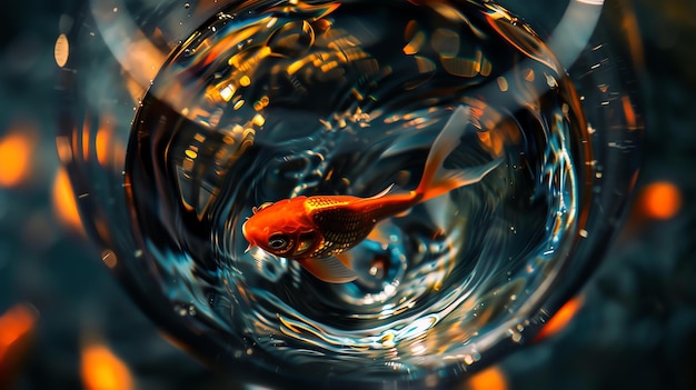 Pesce rosso arancione che nuota in una ciotola di vetro con acqua Il pesce rosso è rivolto verso la telecamera L'acqua è limpida e ha una tonalità bluastra