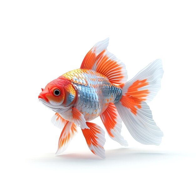 Pesce rosso con pinne arancione e blu su sfondo bianco AI generativa