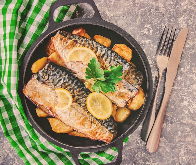 Pesce sgombro e patate al forno. Messa a fuoco selettiva