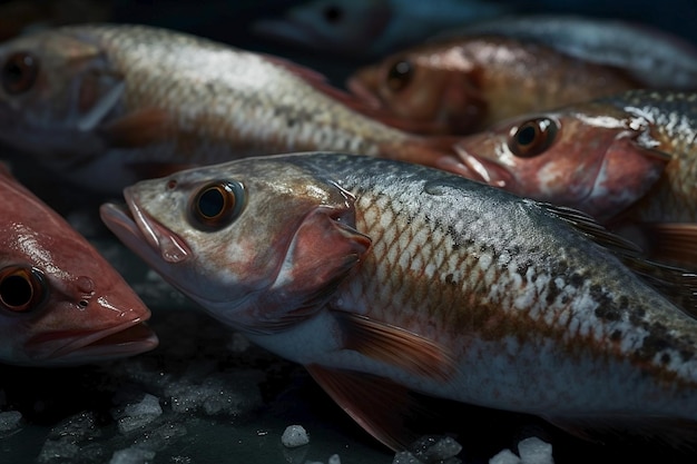 Pesce sul ghiaccio con una scatola rossa di ghiaccio