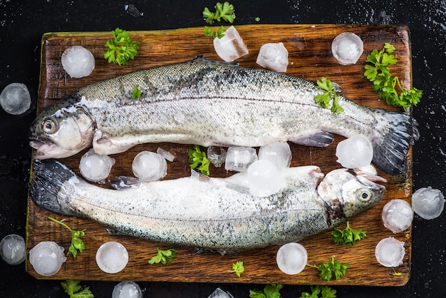 Pesce trota appena pescato con prezzemolo e cubetti di ghiaccio