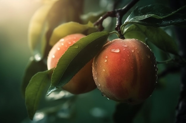 Pesche fresche con gocce d'acqua Frutta naturale che cresce su un albero in estate