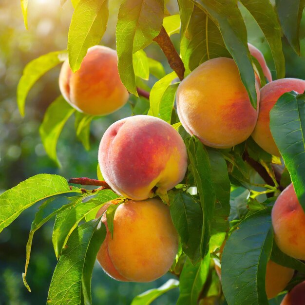 Pesche mature sull'albero alla luce del sole