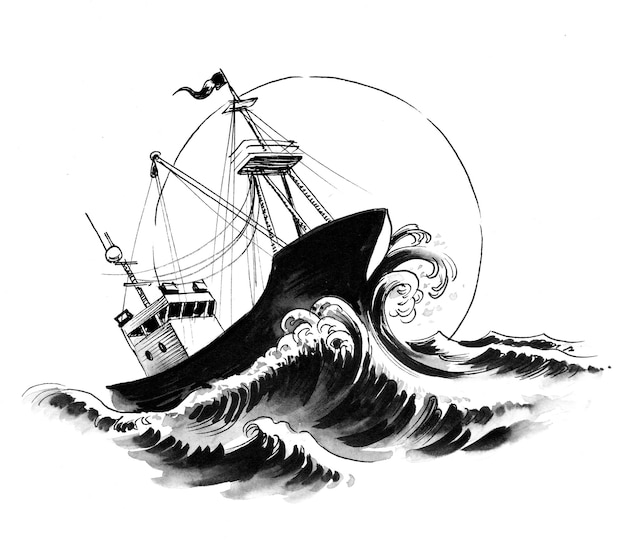 Peschereccio nel mare in tempesta. Disegno a inchiostro in bianco e nero
