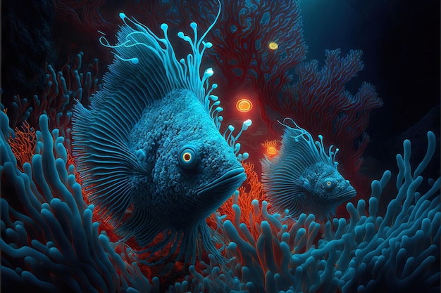 Pesci alieni che nuotano sott'acqua tra i coralli creati con l'IA generativa