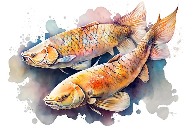 Pesci arowana ad acquerello isolati su sfondo bianco Illustrazione generativa di IA
