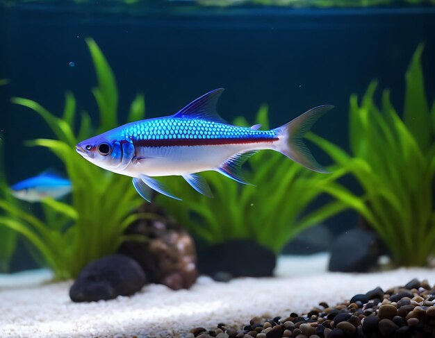 Pesci blu vivaci in un acquario tranquillo