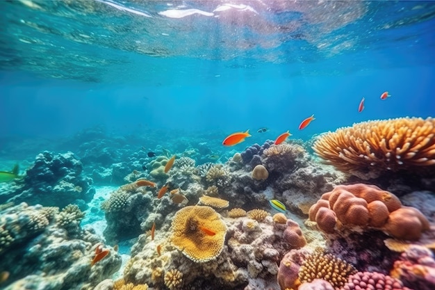 Pesci che nuotano nella barriera corallina sotto il mare blu profondo e una vista straordinaria del sottomarino