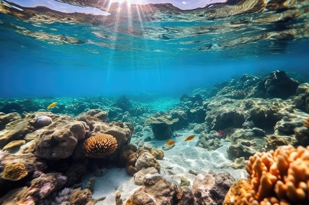 Pesci che nuotano nella barriera corallina sotto il mare blu profondo e una vista straordinaria del sottomarino