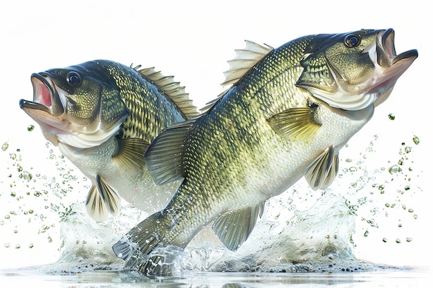 Pesci che saltano fuori dall'acqua con spruzzi isolati sul bianco