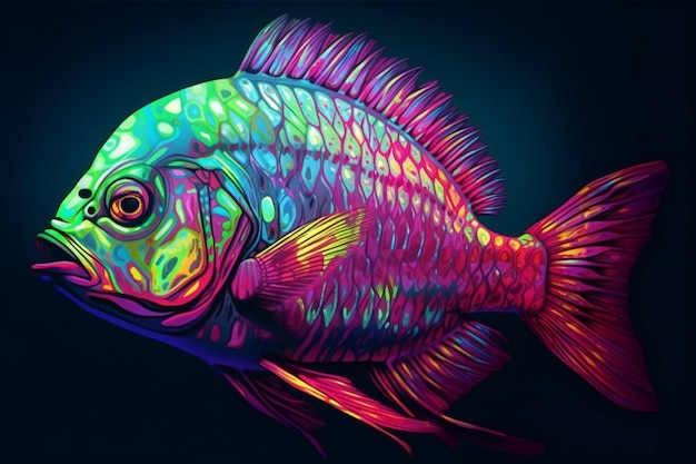 Pesci colorati su sfondo scuro Illustrazione disegnata a mano