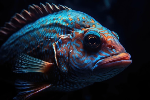 Pesci di acque profonde sul fondo dell'oceano Un pesce spaventoso con grandi denti Illustrazione AI generativa del mondo sottomarino