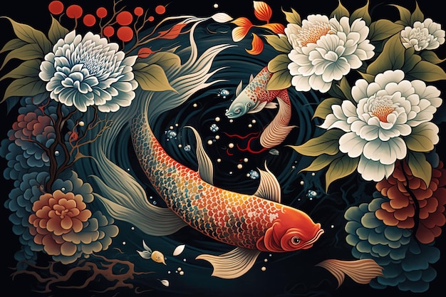 Pesci Koi pittura in arte digitale floreale pittura in stile asiatico giapponese